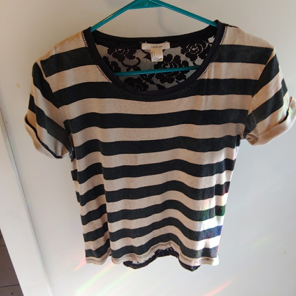 Black & Creme Striped Lace Back Tee